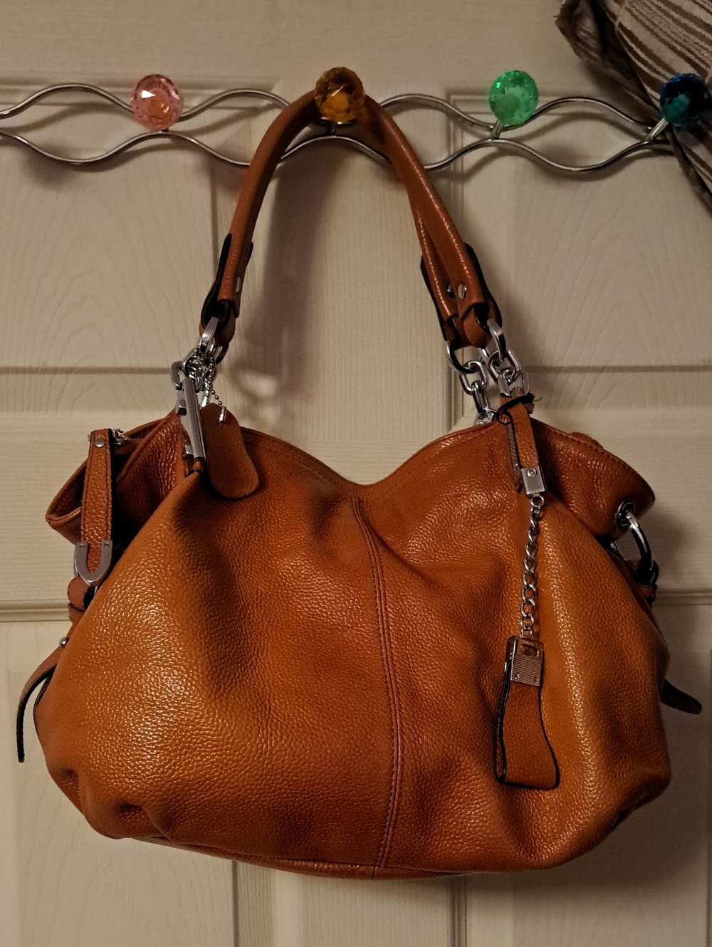 Structured Pebbled Leather Shoulder Bag in Tan